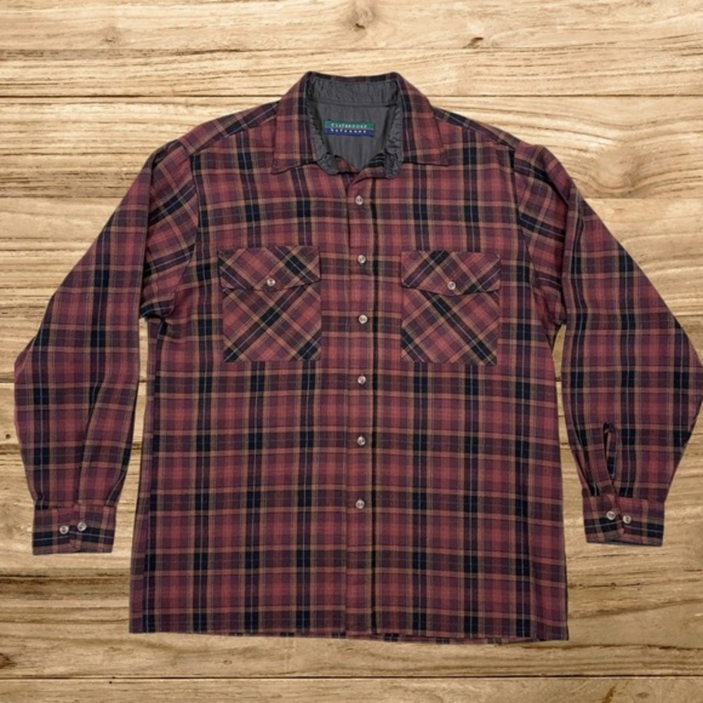Claybrooke Outdoors Mens Large Plaid Button‎ Up Shirt Burgundy Black Long Sleeve